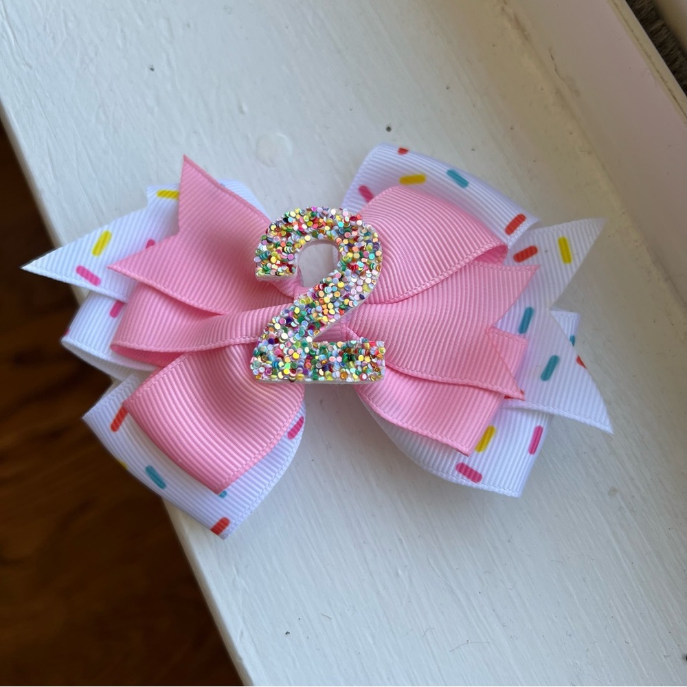 2 birthday Pink and White Kids Hair Bow with Glitter Number